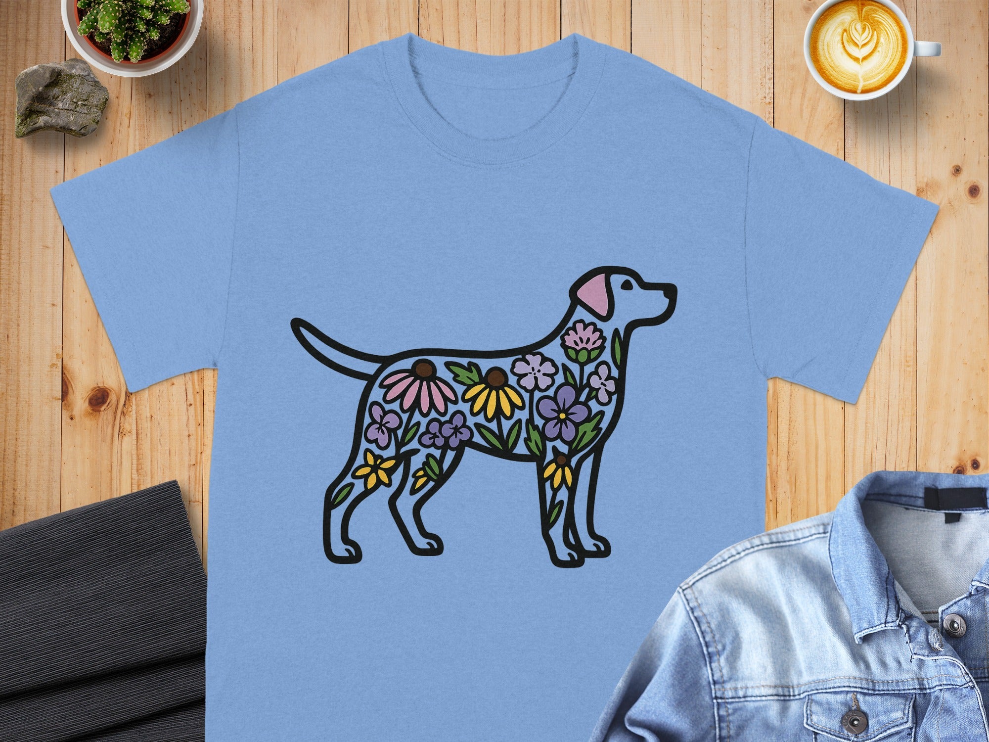 Floral Patterned Dog Graphic on Light Blue T-shirt