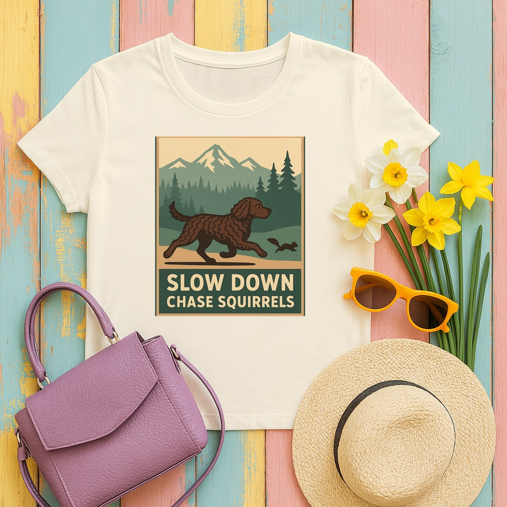 American Water Spaniel Slow Down Chase Squirrels Tee in Natural