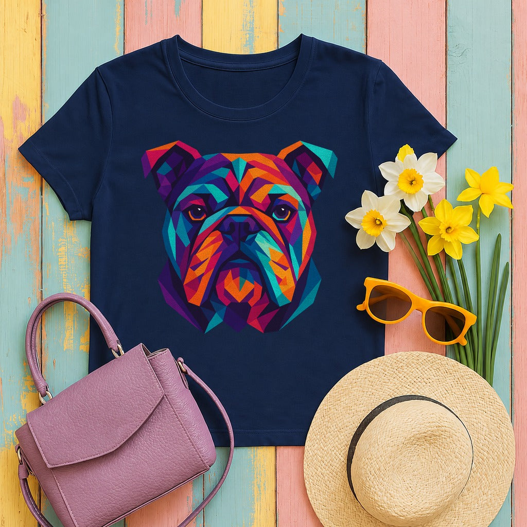 Colorful Geometric Bulldog Design Illustration Art T-Shirt in Navy