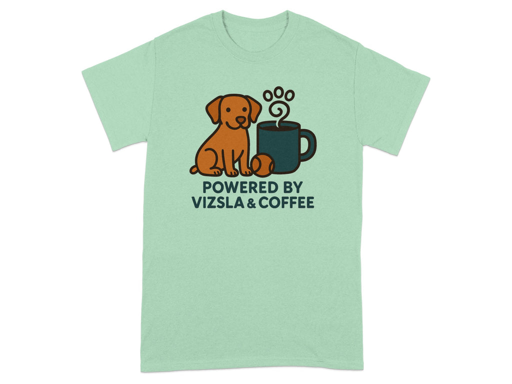 Light green t-shirt with a dog, coffee cup, tennis ball and text.