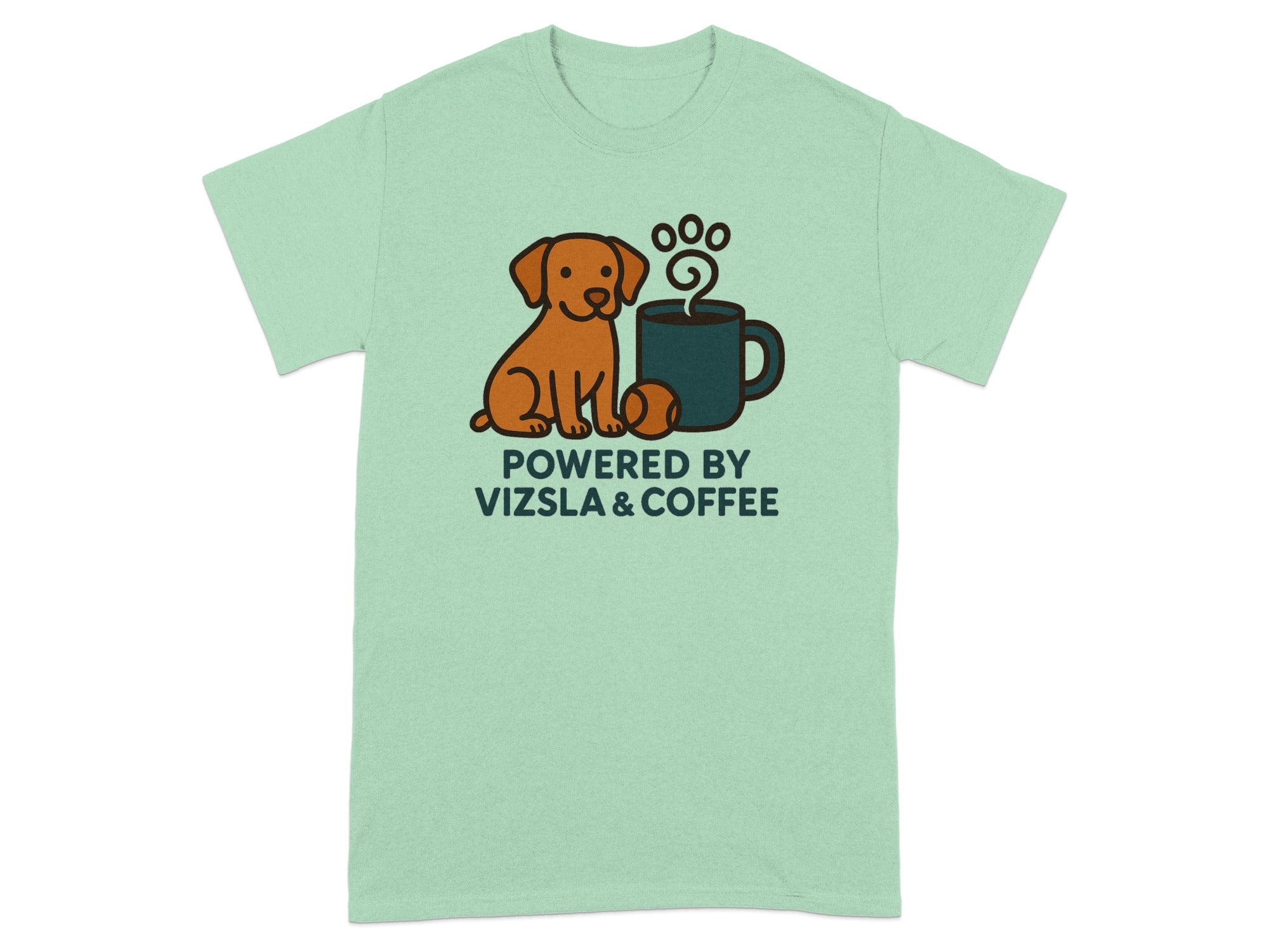 Light green t-shirt with a dog, coffee cup, tennis ball and text.
