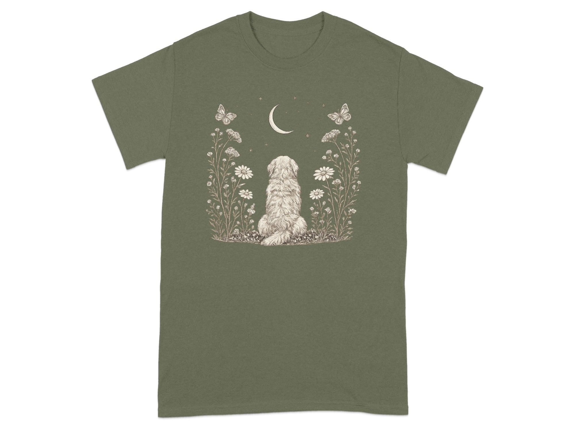 Fluffy dog sits in a field of flowers under a crescent moon and butterflies.