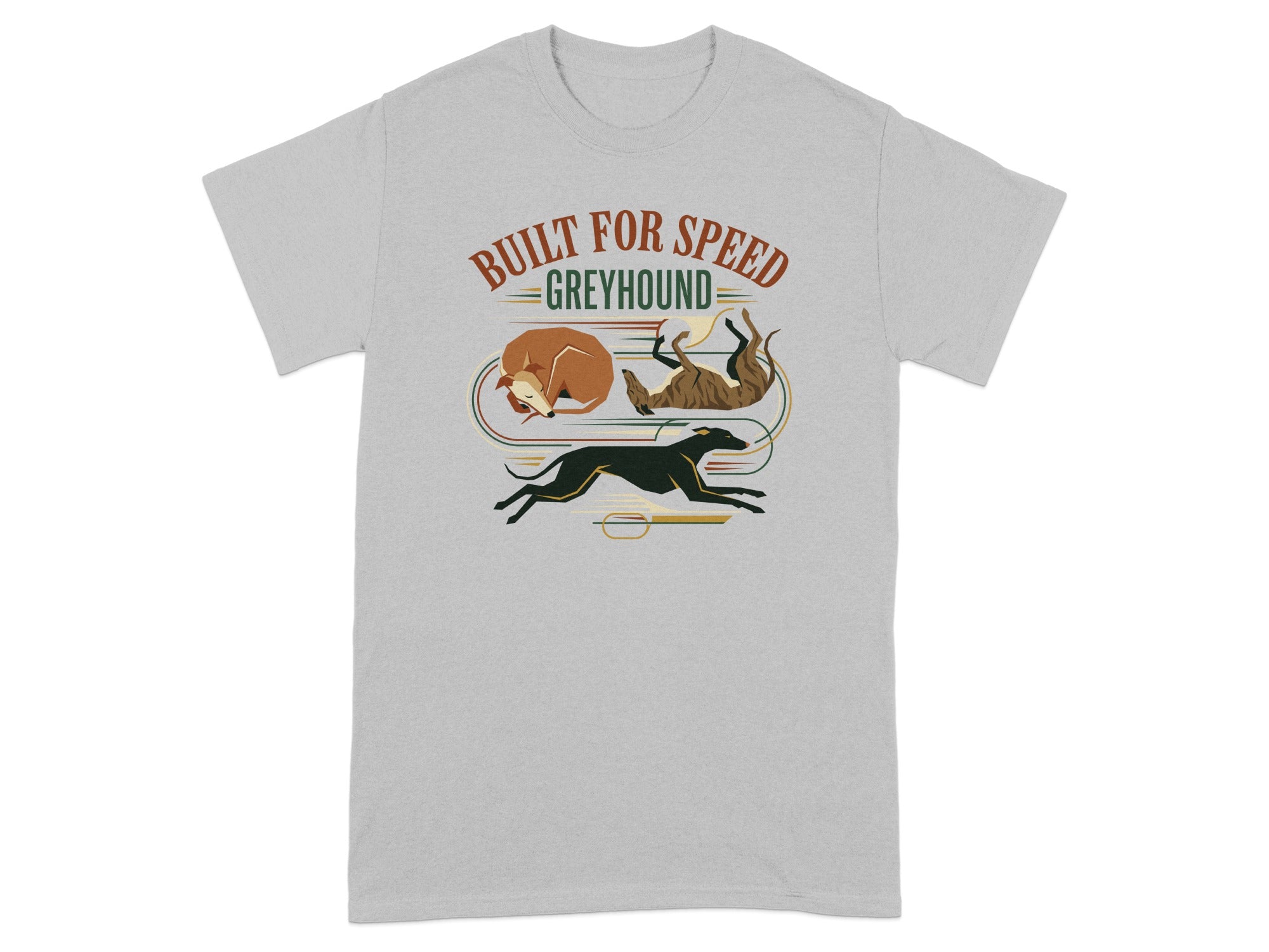 Greyhound wearing shirt with text "Built for Speed" and graphic of two dogs.