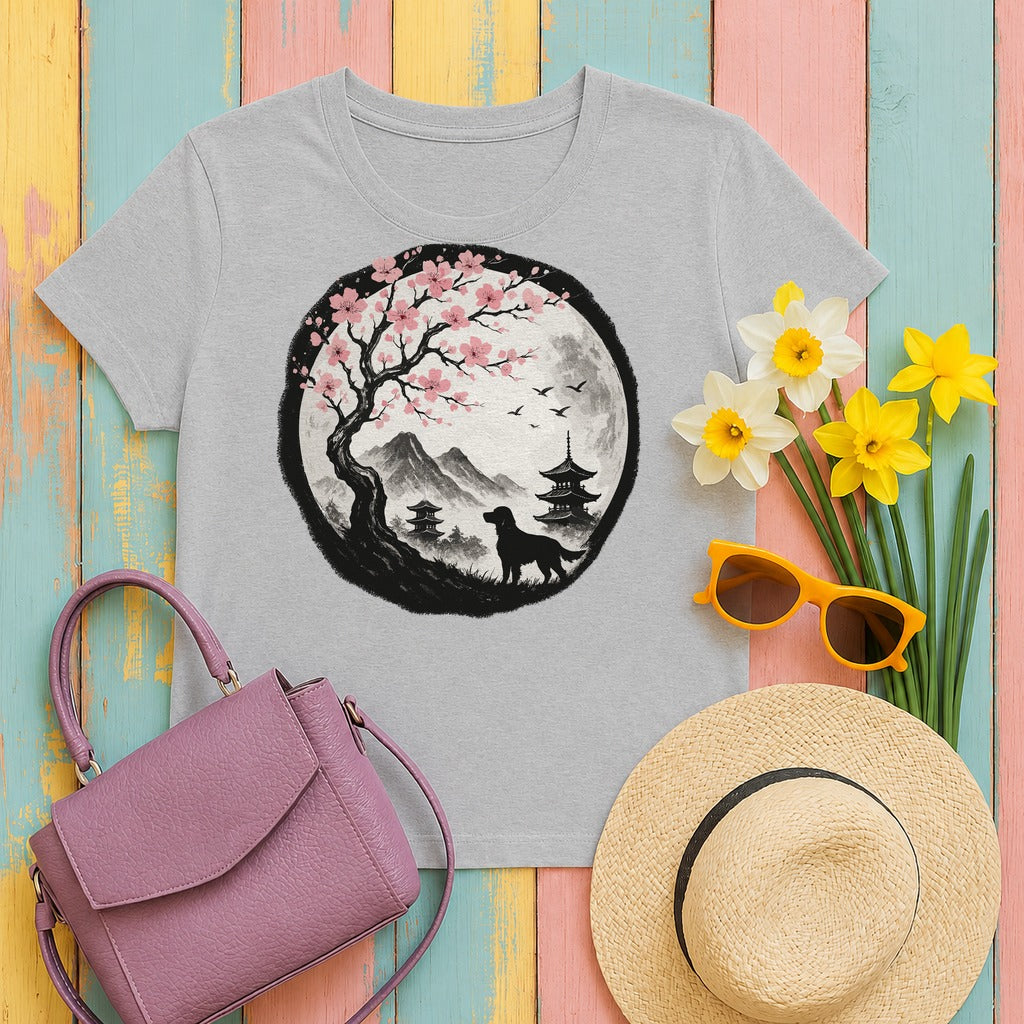 Gordon Setter Under Sakura Trees Landscape T-Shirt in Sport Grey