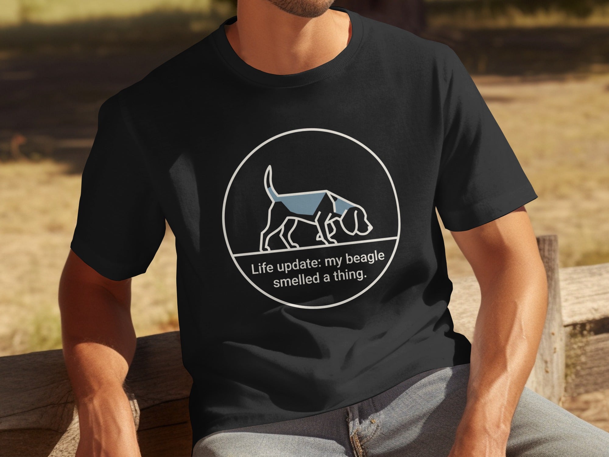 Black t-shirt with beagle dog logo and "Life update: my beagle smelled a thing."