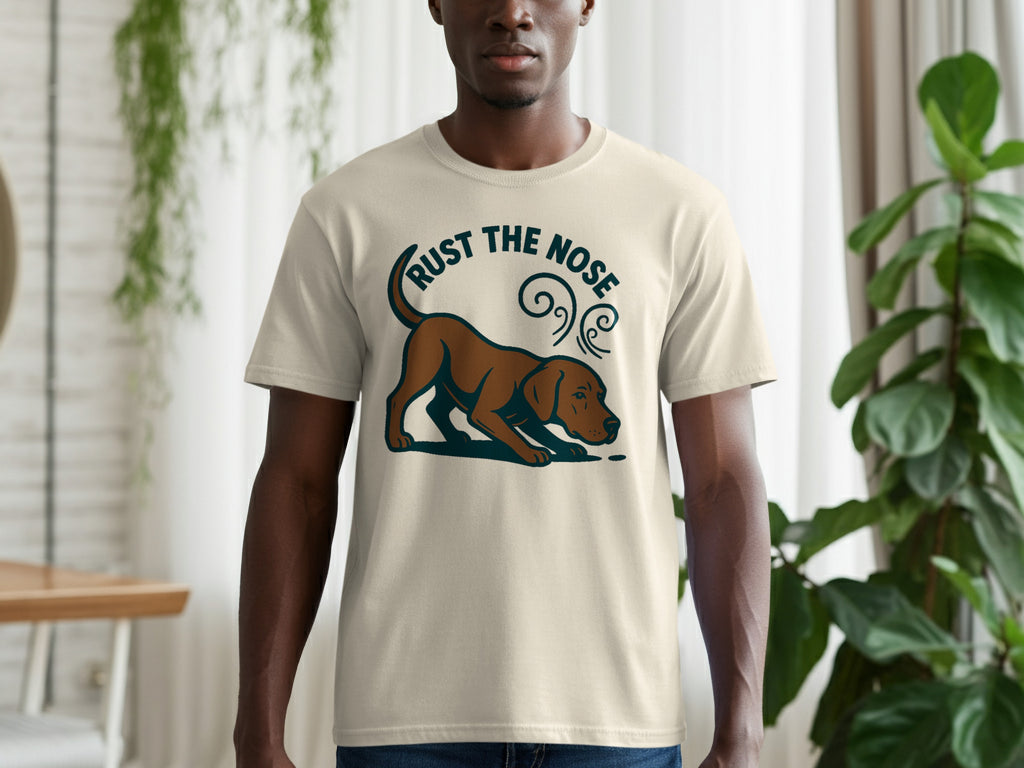 T-shirt with a brown dog graphic and text "Rust the Nose".