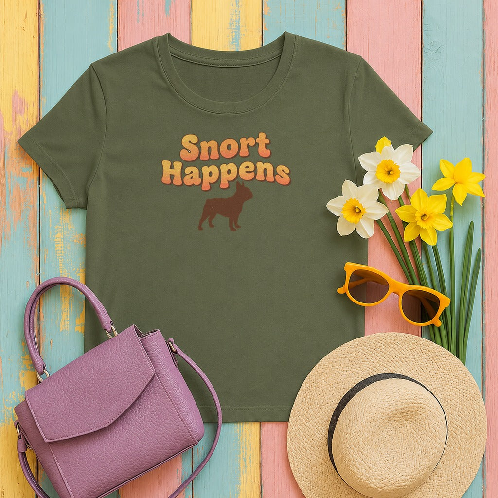 Snort Happens Funny French Bulldog T-Shirt in Military Green