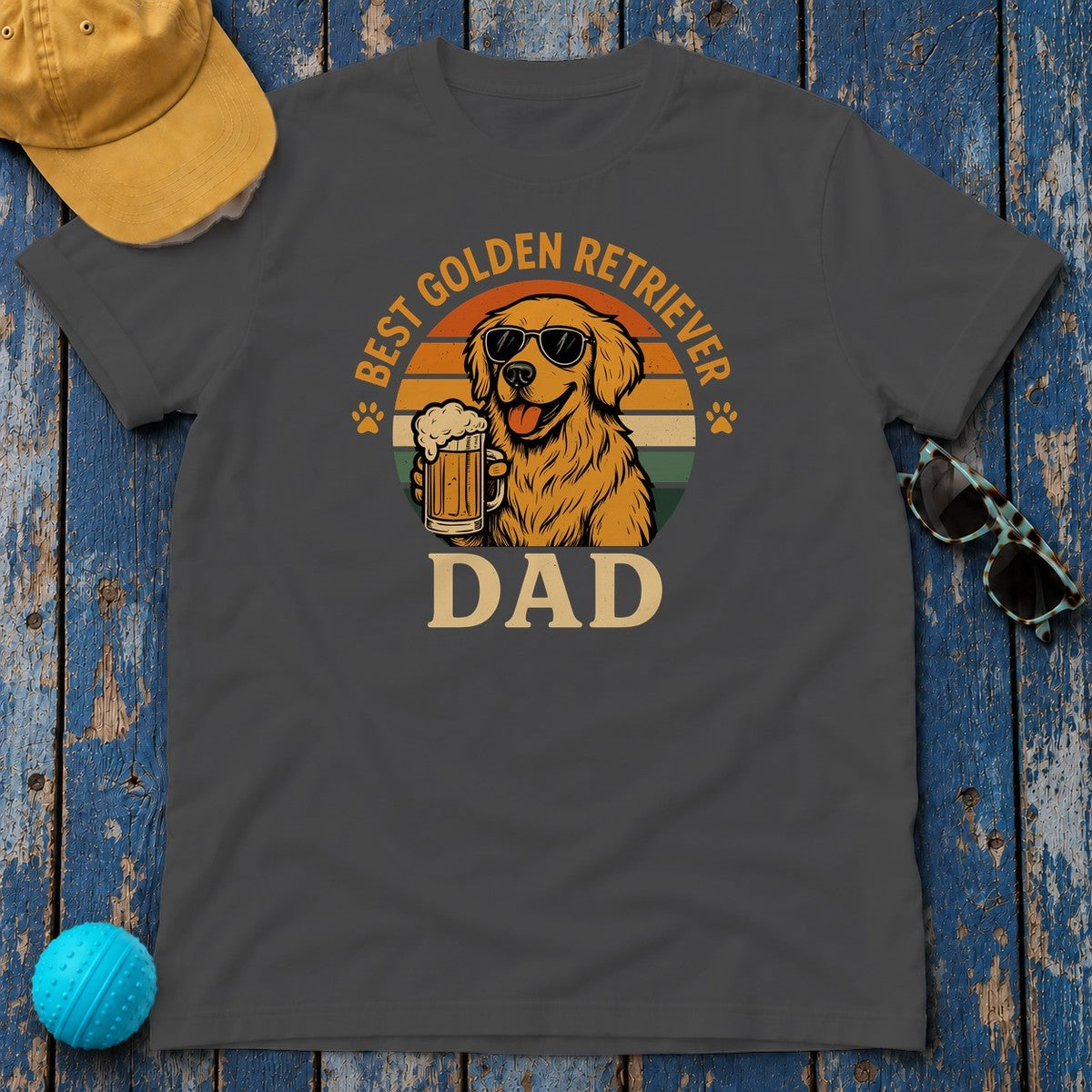 Best Golden Retriever Dad with Beer and Shades T-Shirt in Dark Heather
