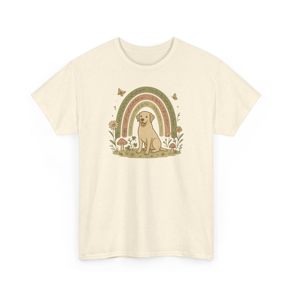 Adorable Labrador in Garden with Rainbow Graphic T-Shirt