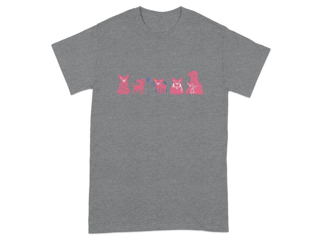 Grey t-shirt with a line of pink cartoon dogs in various poses.