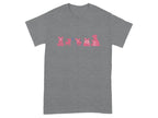 Grey t-shirt with a line of pink cartoon dogs in various poses.