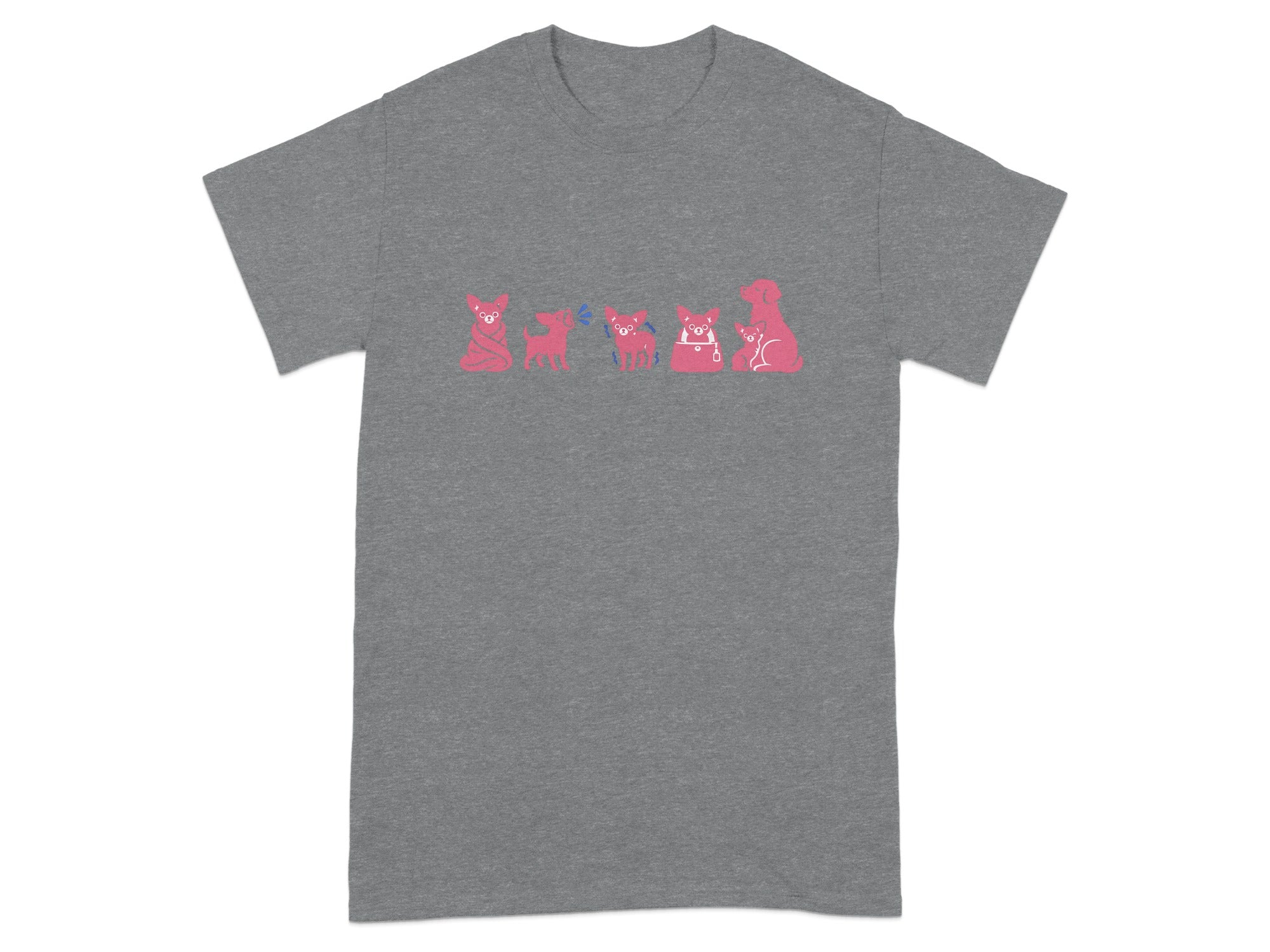 Grey t-shirt with a line of pink cartoon dogs in various poses.