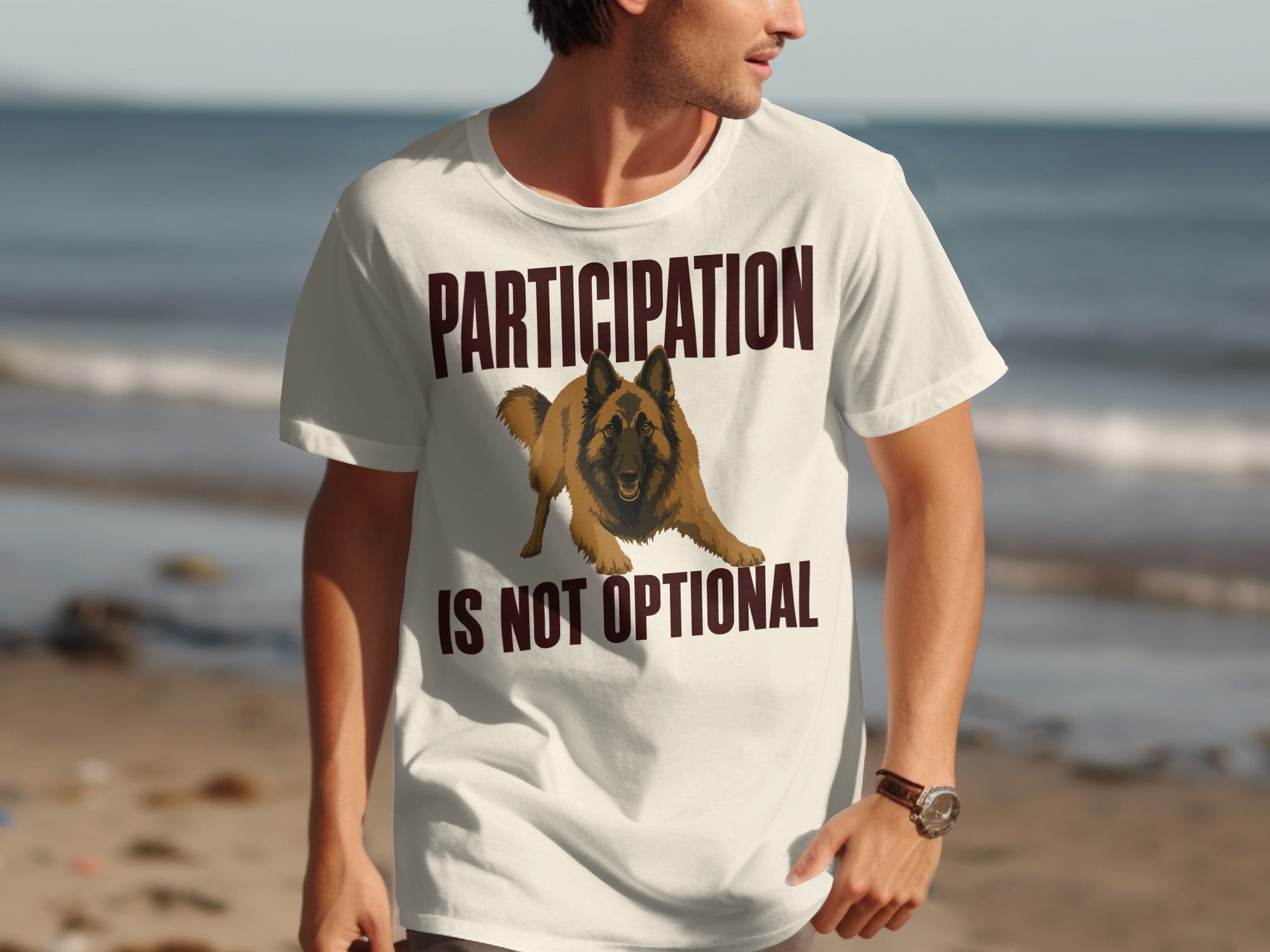 T-shirt with a German Shepherd and text "PARTICIPATION IS NOT OPTIONAL".