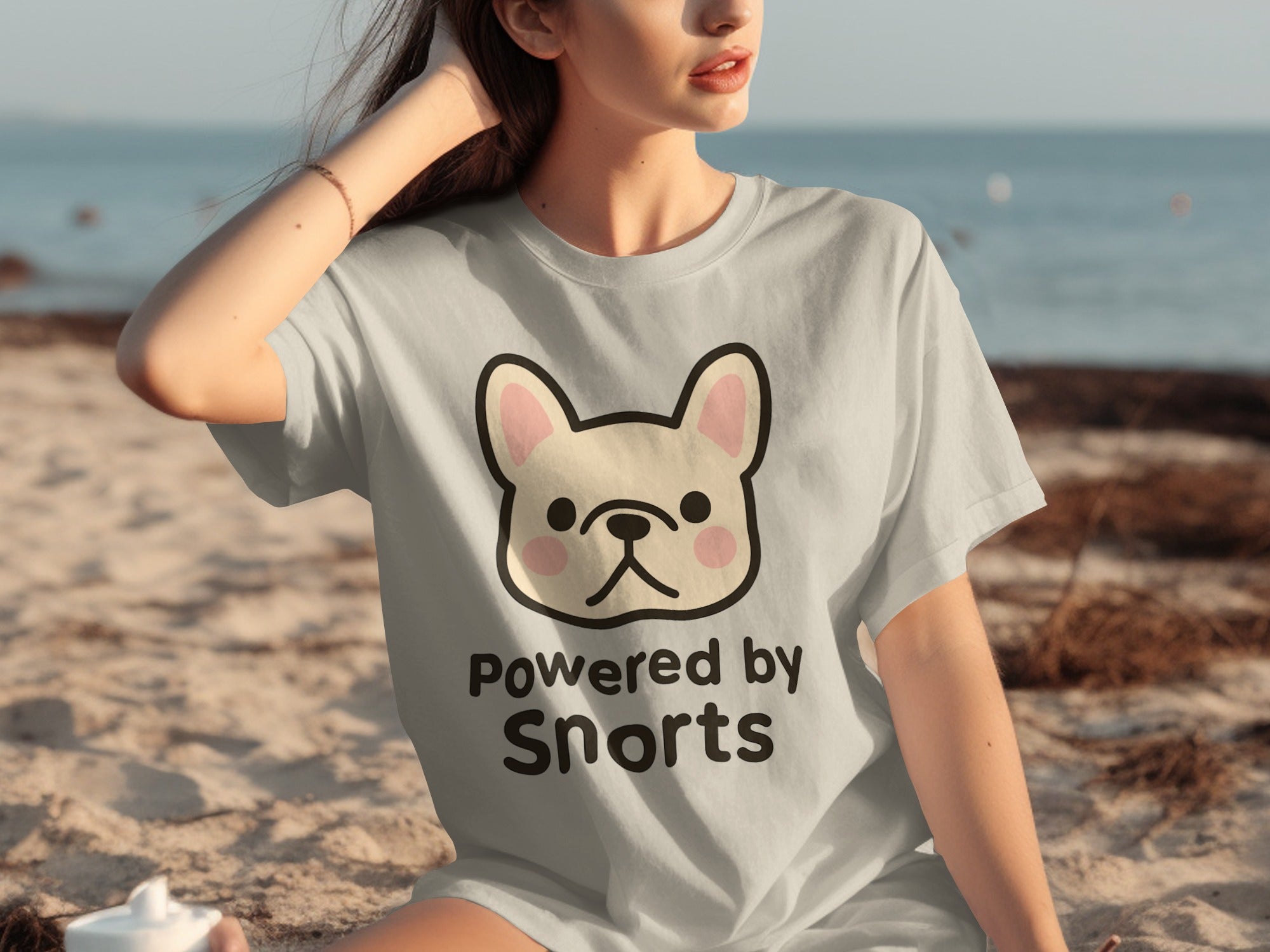Grey t-shirt with a French bulldog graphic and "Powered by Snorts" text.