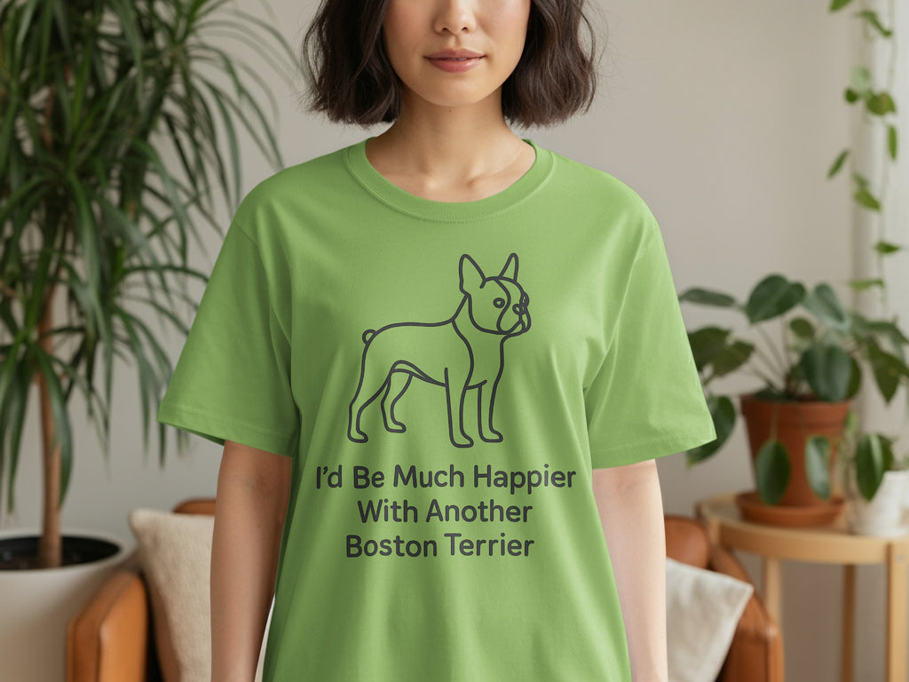 Green t-shirt with line drawing of Boston Terrier and text "I'd Be Much Happier With Another Boston Terrier".