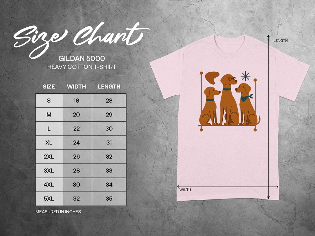 Gildan 5000 Heavy Cotton T-shirt size chart with dimensions in inches.