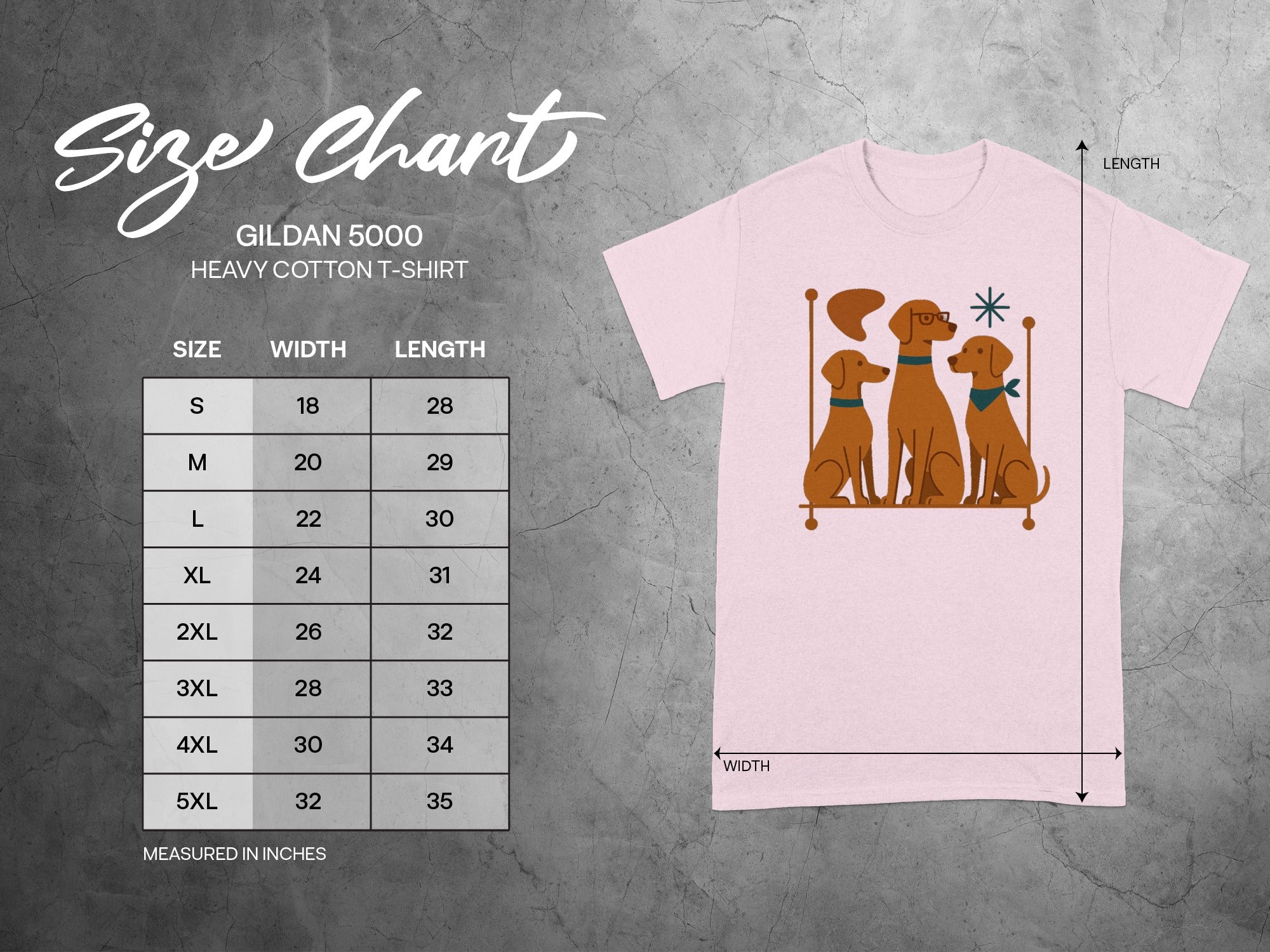 Gildan 5000 Heavy Cotton T-shirt size chart with dimensions in inches.