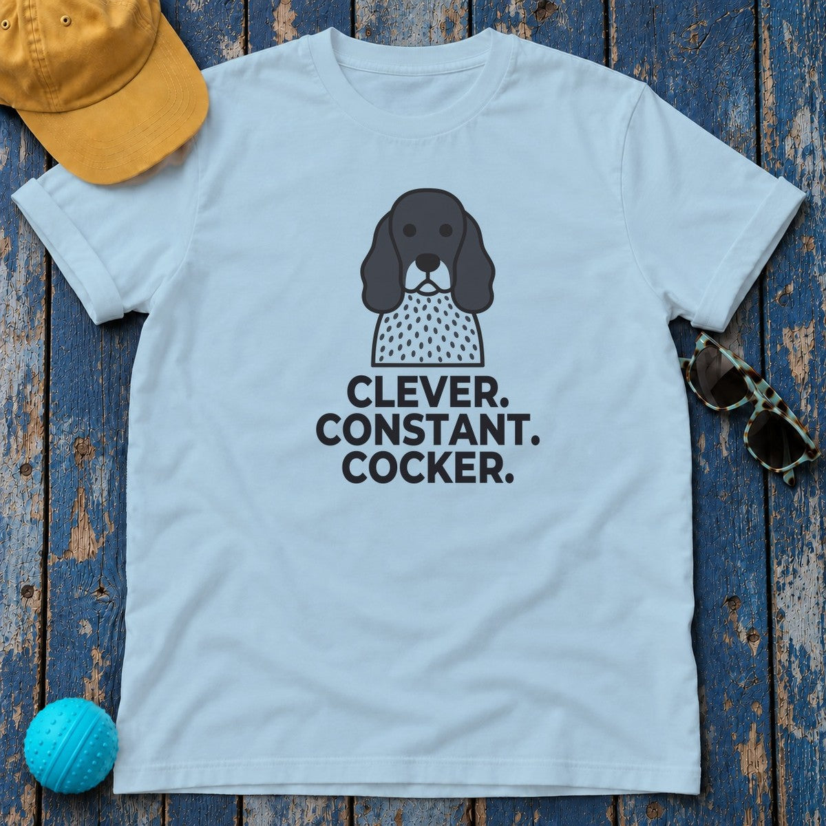 Clever. Constant. Cocker. English Cocker Spaniel T-Shirt in Light Blue