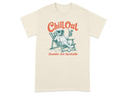 Cream t-shirt with dog in lounge chair, sunglasses, holding drink, "Chill Out" and "Zoomies Are Inevitable".