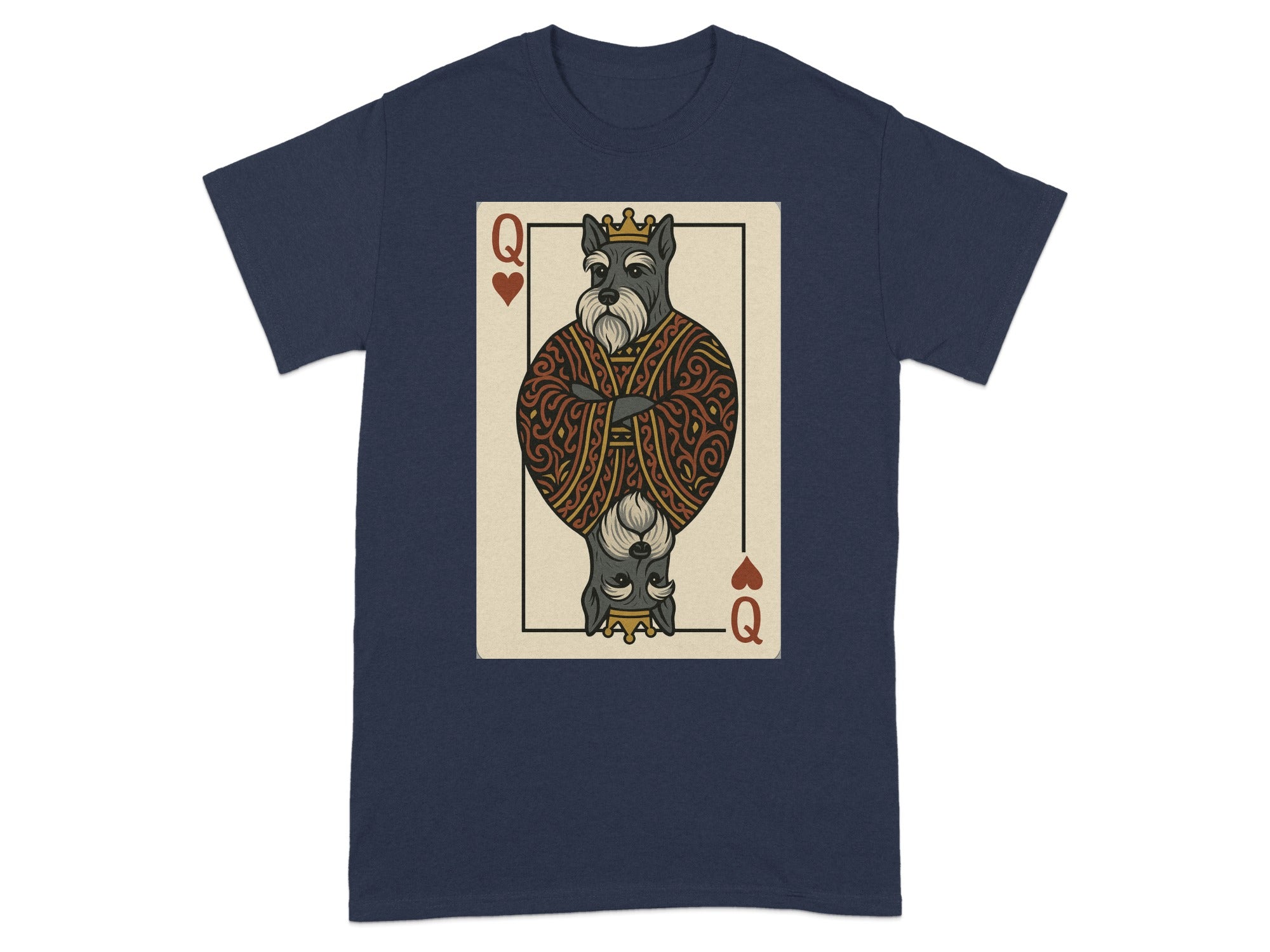 Queen of Hearts card featuring a schnauzer dog wearing a crown and ornate robe.