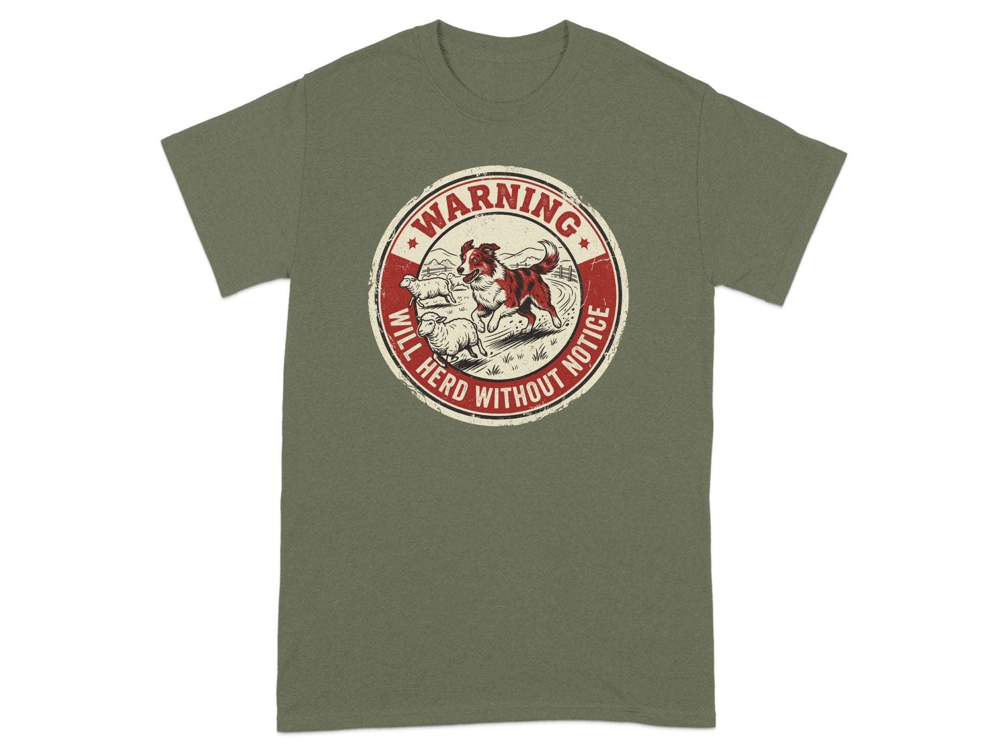 Green t-shirt with circular graphic: "Warning: Will Herd Without Notice".