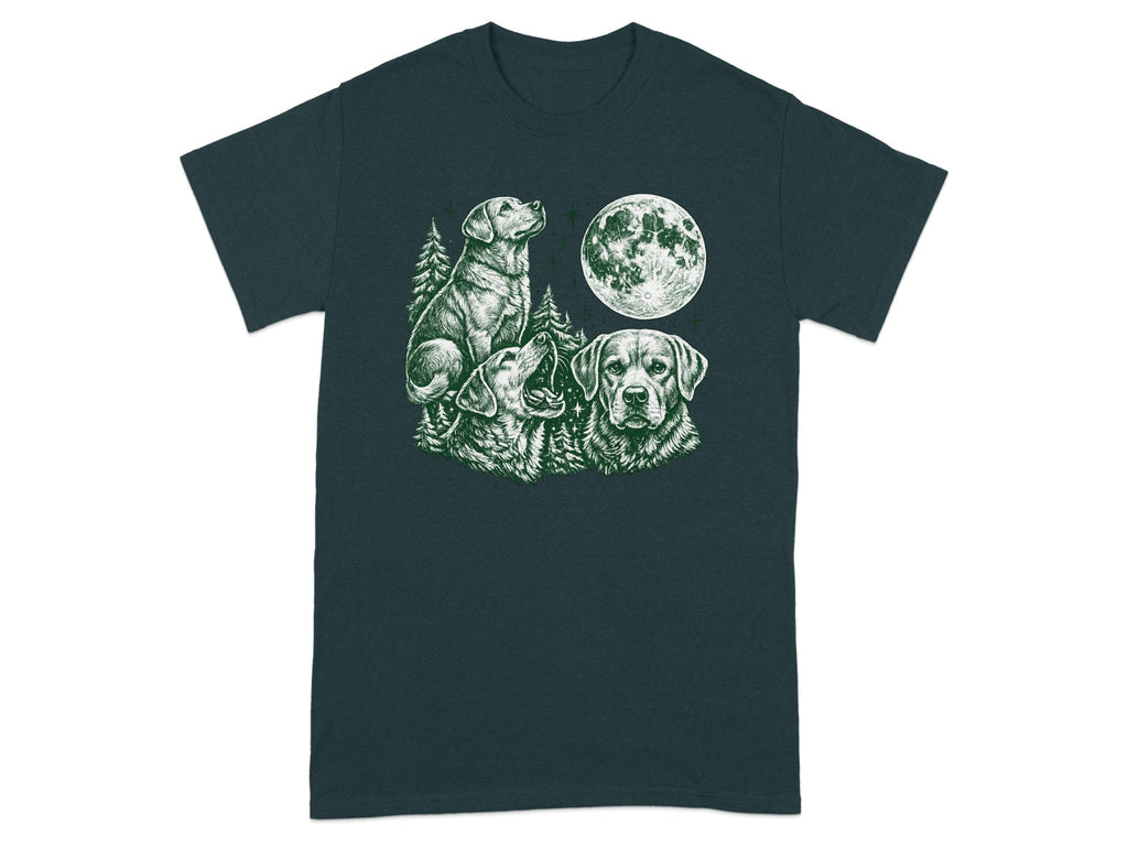 Three dogs under a full moon with pine trees and stars in a sketch style.