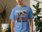 Blue t-shirt with graphic of a running bird dog and text "Powered by Bird Scent & Pure Chaos".