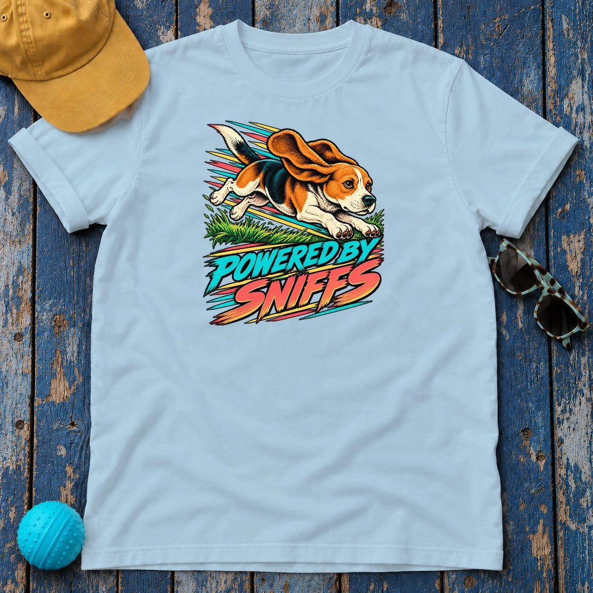 Powered by Sniffs Beagle T-Shirt in Light Blue - flat lay
