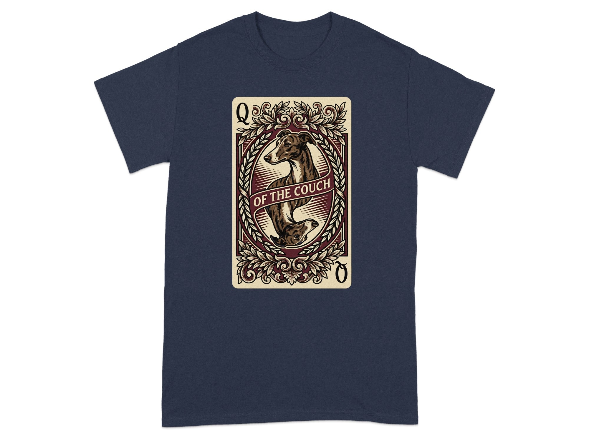 Queen of the Couch playing card design featuring an Italian Greyhound on a navy t-shirt.