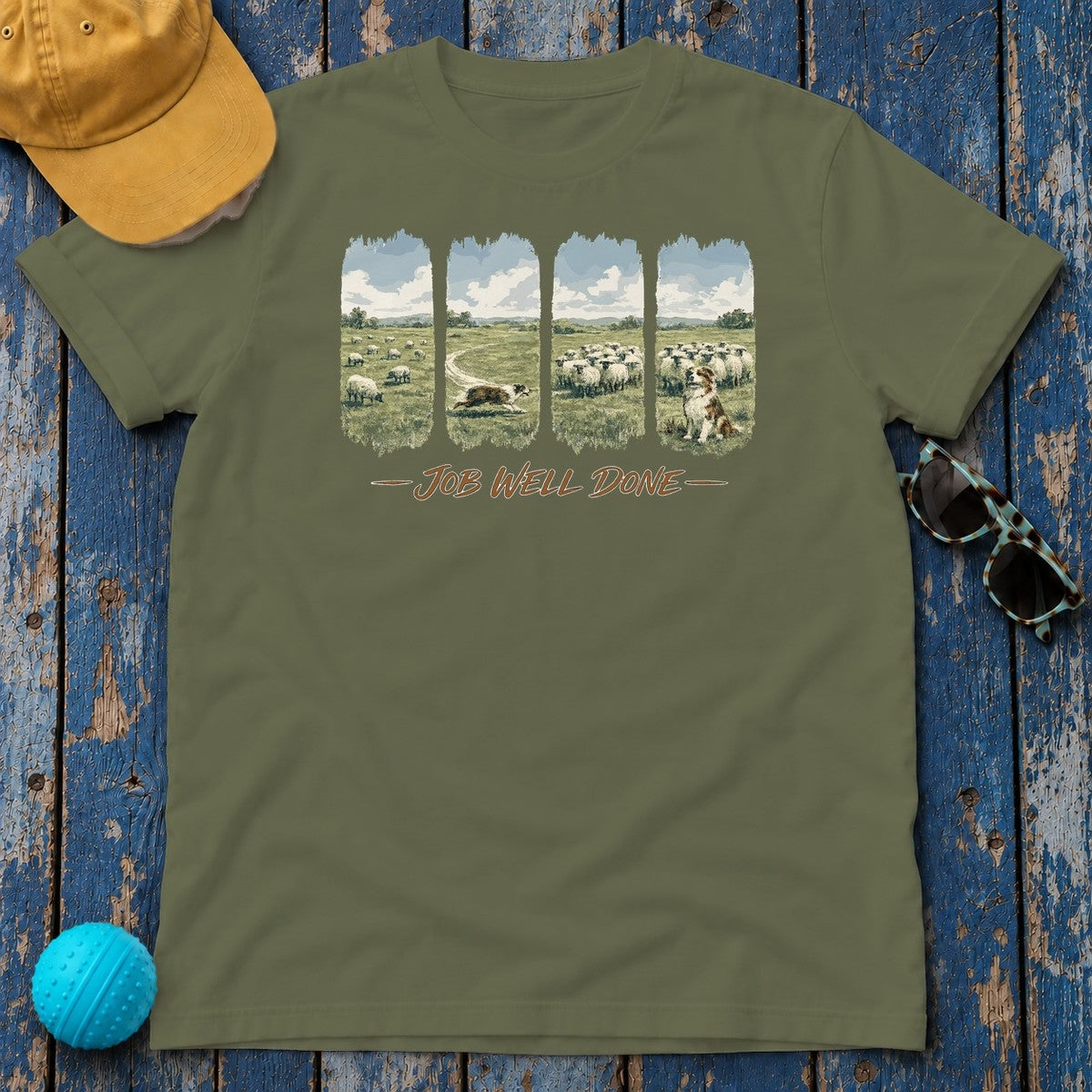 Job Well Done Australian Shepherd T-Shirt in Military Green