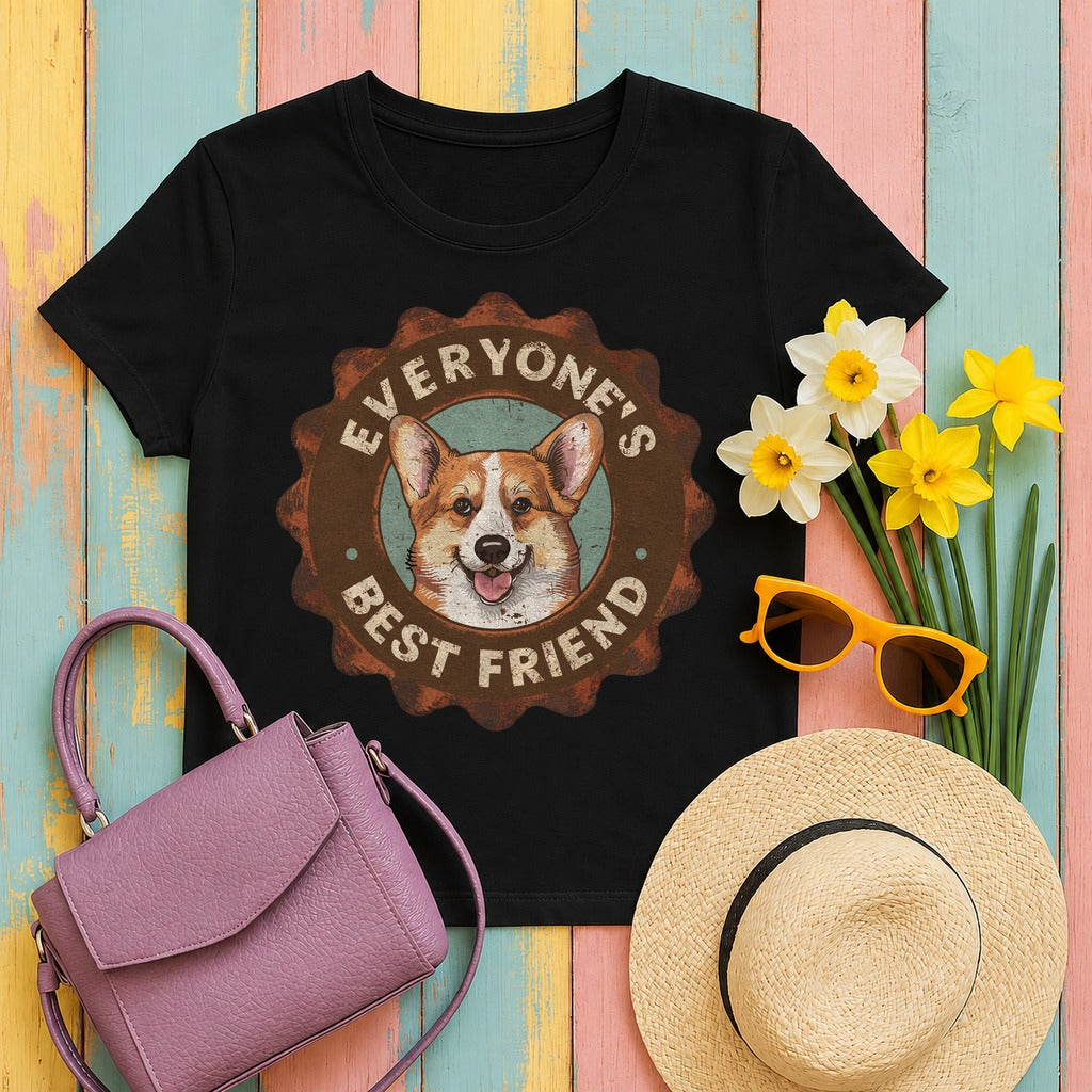 Everyone's Best Friend Corgi Dog With Sign Design T-Shirt in Black