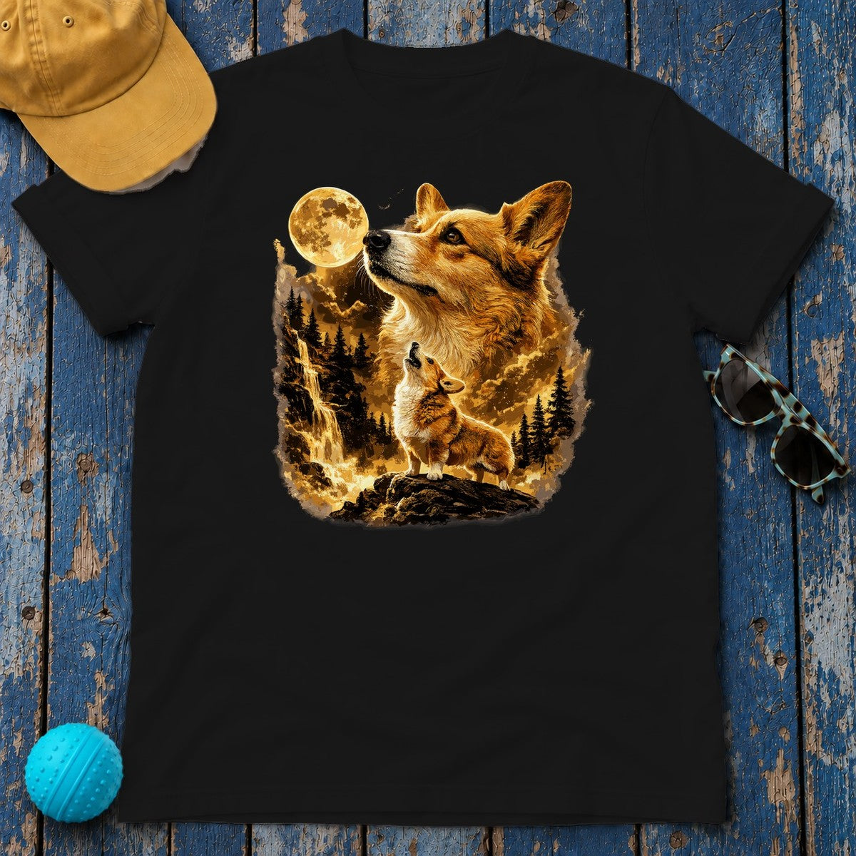 Golden Corgi Moonlight T-Shirt in Black