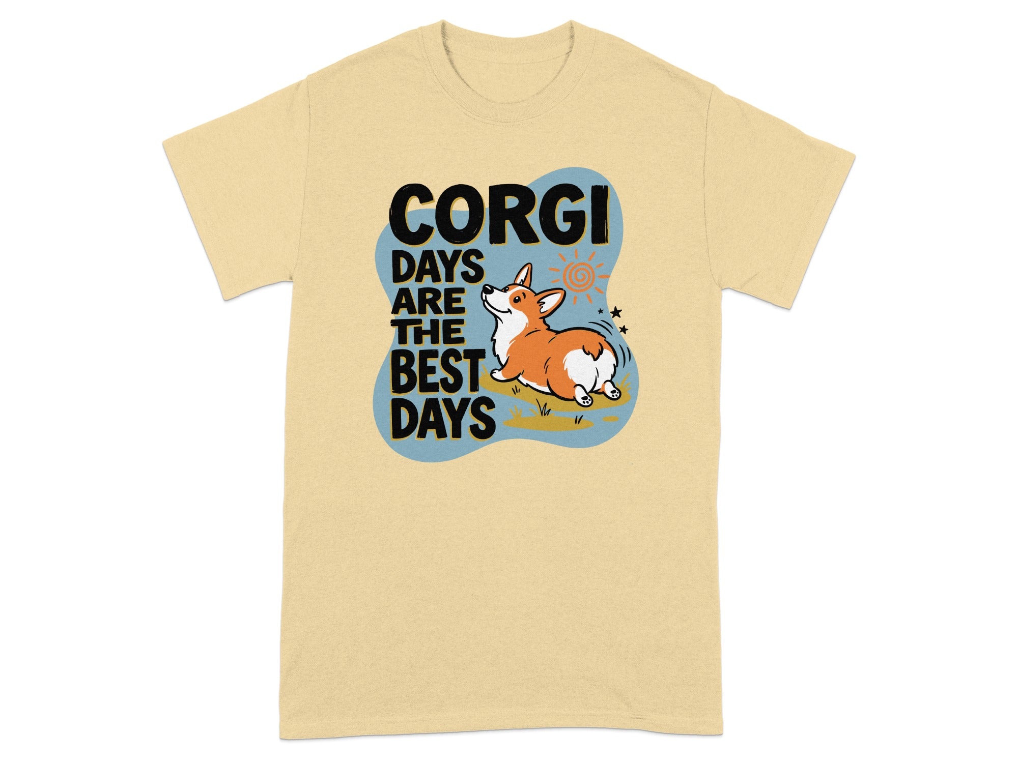 Corgi Days Are The Best Days text with a corgi illustration on a tan t-shirt.
