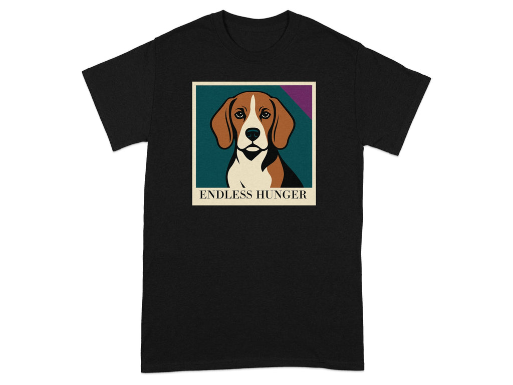 Black t-shirt with a beagle graphic and text "ENDLESS HUNGER".