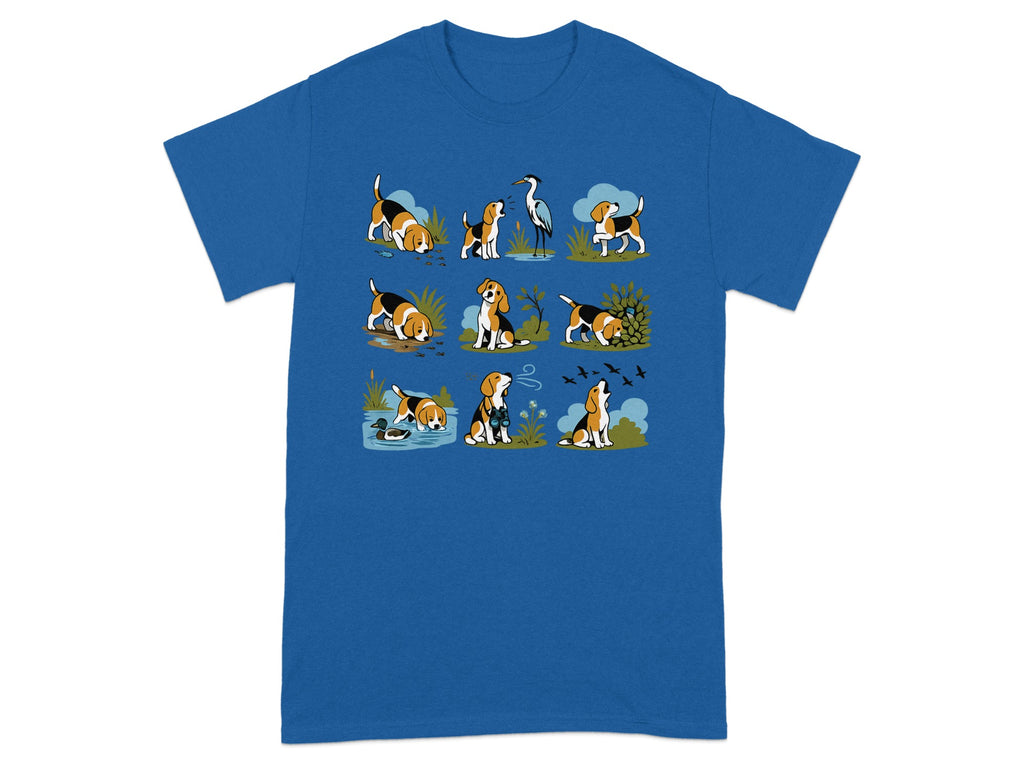 Illustration of beagle dogs in various outdoor activities with animals and birds.