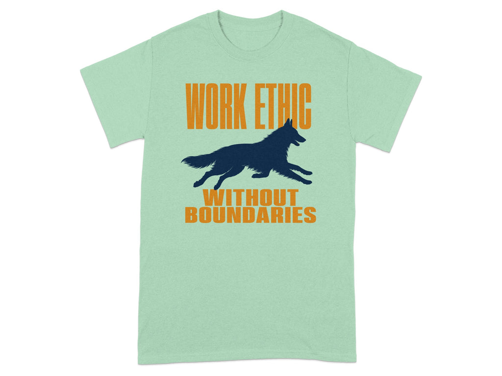 Mint green t-shirt with running wolf silhouette and orange text "WORK ETHIC WITHOUT BOUNDARIES".