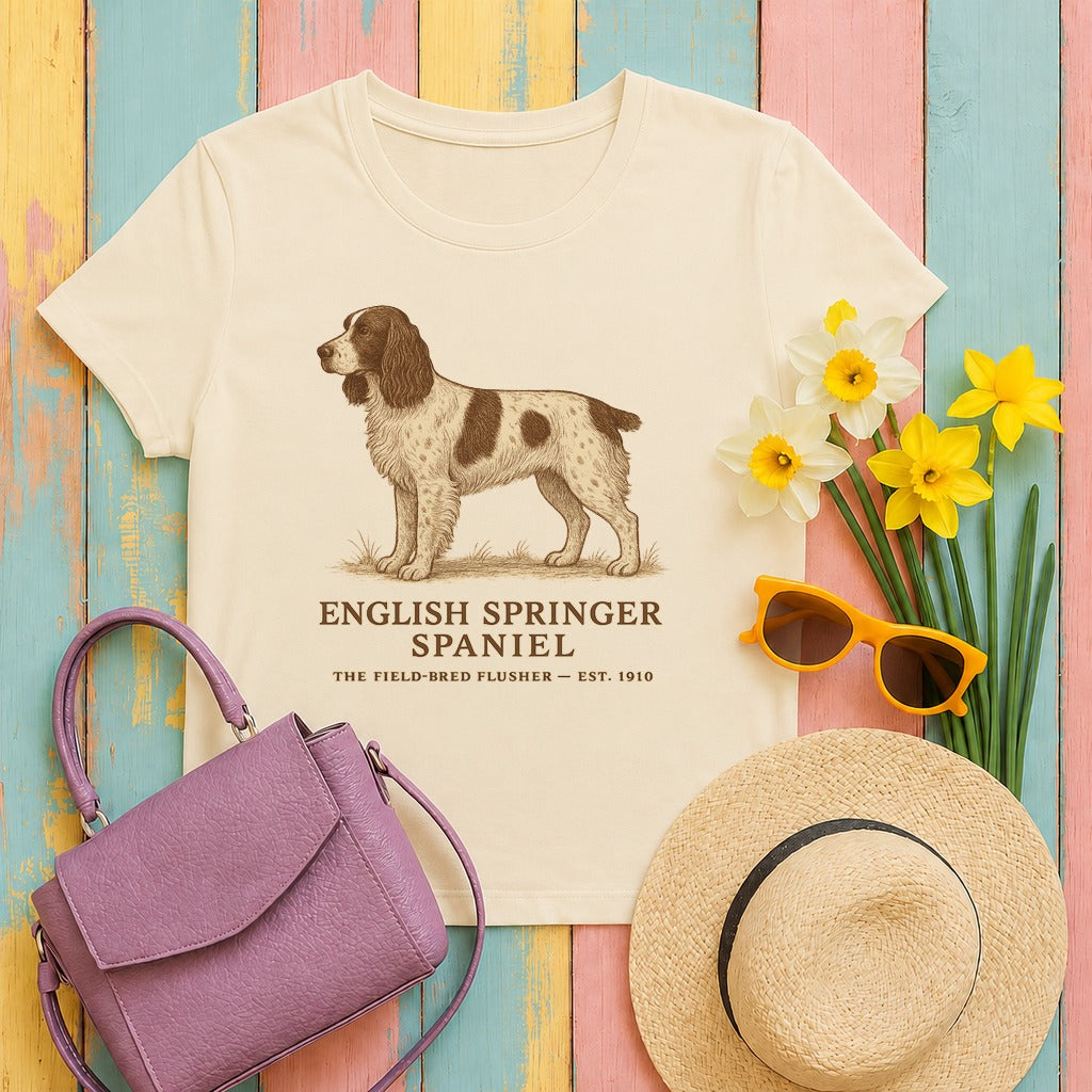 english springer spaniel field-guide tee flat lay hero