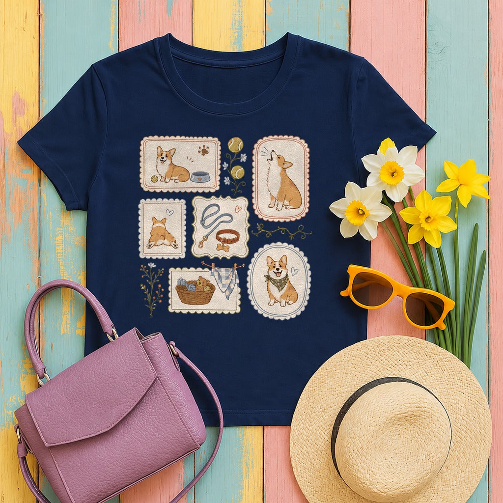 Cozy Corgi Vignettes T-Shirt in Navy