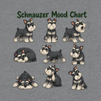 Grey t-shirt with "Schnauzer Mood Chart" text and nine illustrated Schnauzers in different poses.