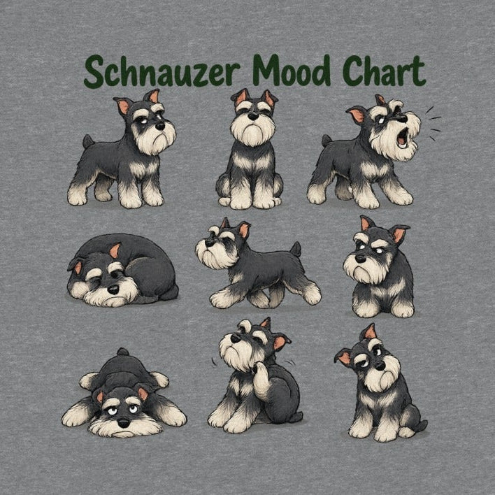 Grey t-shirt with "Schnauzer Mood Chart" text and nine illustrated Schnauzers in different poses.