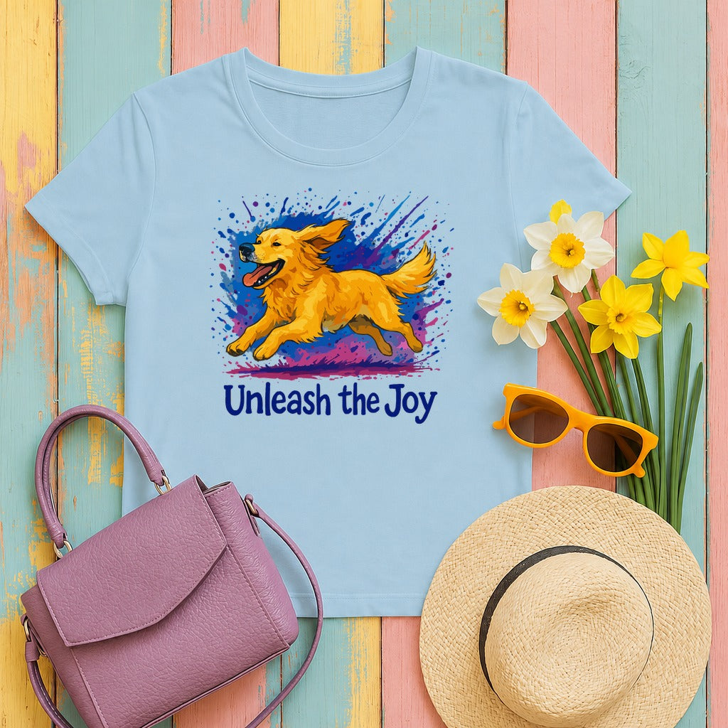 Vibrant Golden Retriever Joy T-Shirt in Light Blue