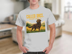 Chocolate lab running through field, "CALLED ONCE, THOUGHT ABOUT IT." text.