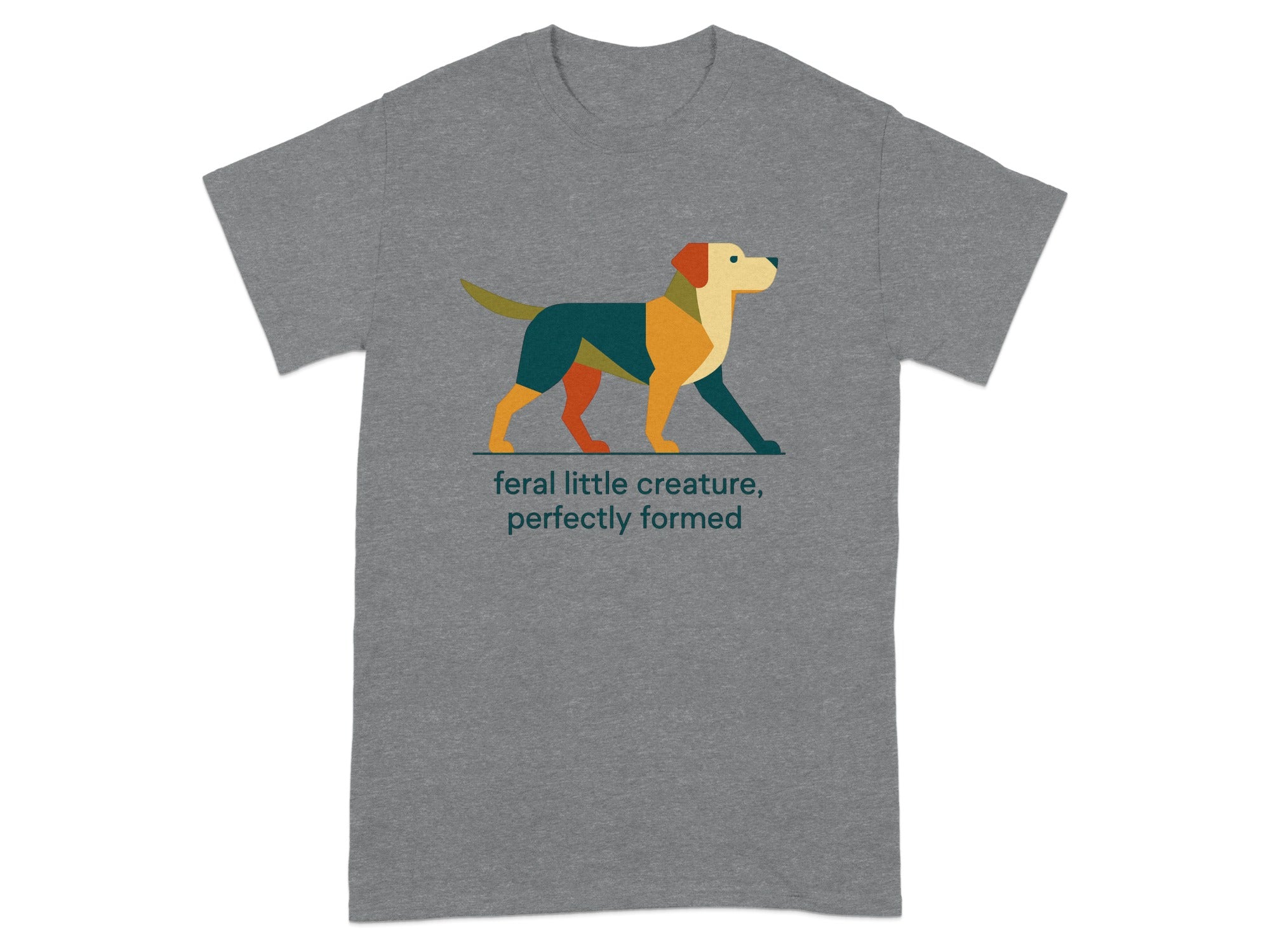 Abstract dog design with text "feral little creature, perfectly formed".