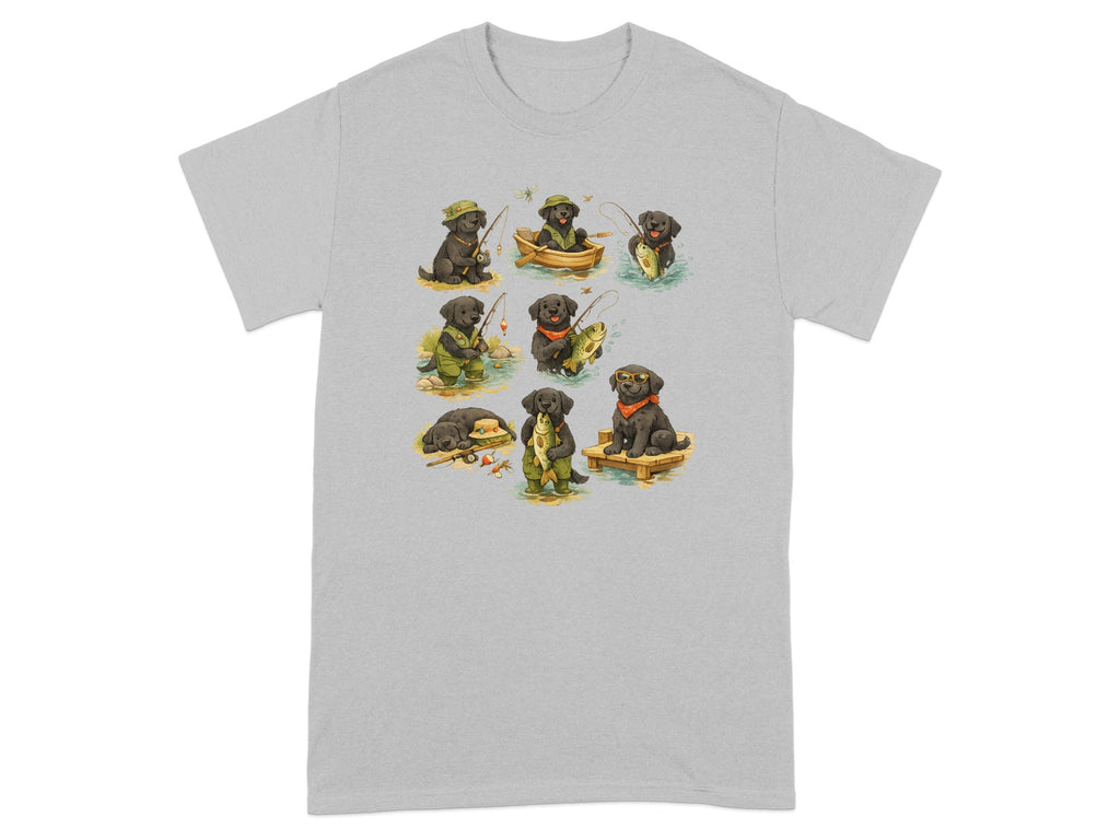 Illustration of black labs fishing in various humorous outfits and scenarios.