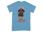 Dachshund wearing sunglasses and a pink bow, with "First of all, I'm a delight" text.