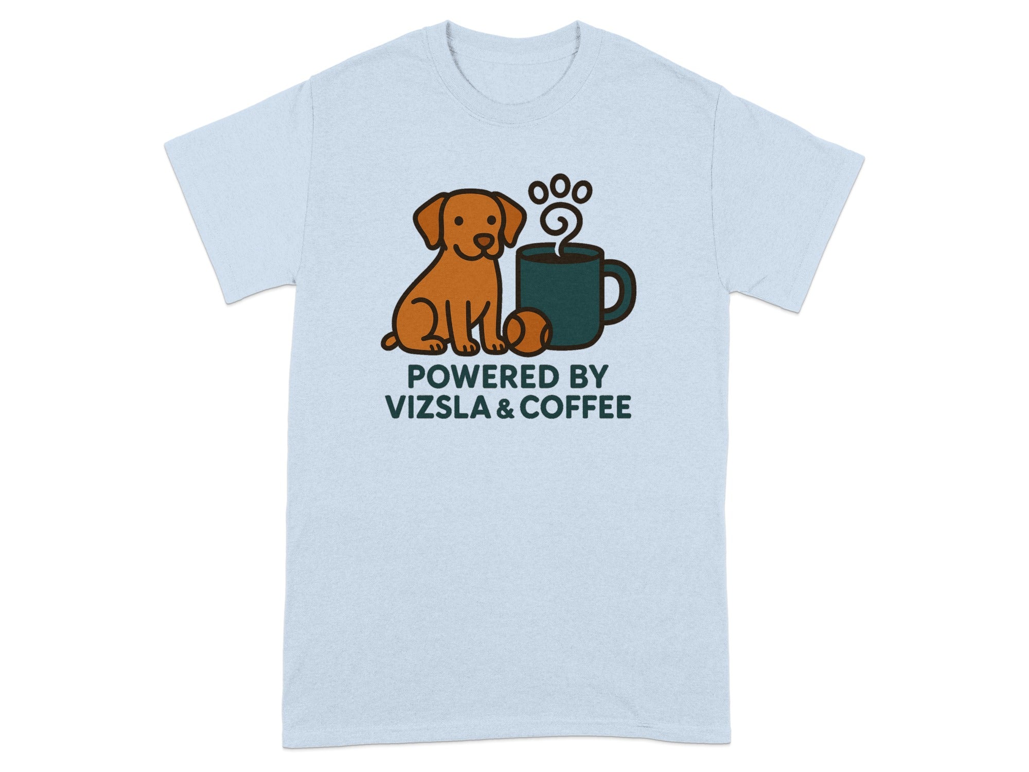 Light blue t-shirt with cartoon dog, coffee cup, tennis ball, and text.