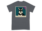 Schnauzer dog portrait with "ENDLESS HUNGER" text on a charcoal t-shirt.
