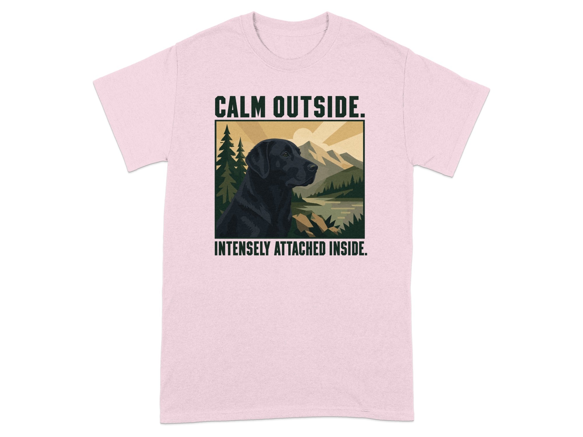 Black Labrador with "Calm Outside. Intensely Attached Inside." text.