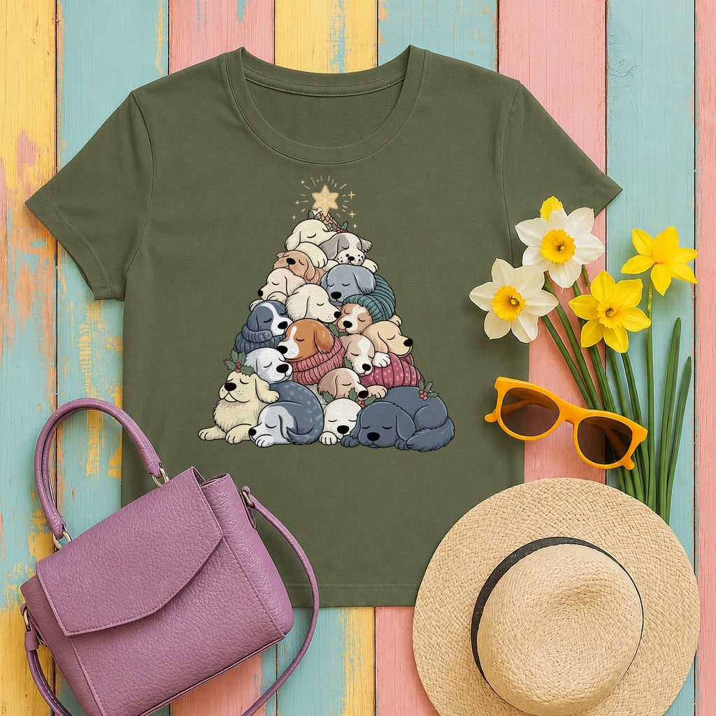 Sleeping Dogs Stacked Christmas Tree T-Shirt in Military Green