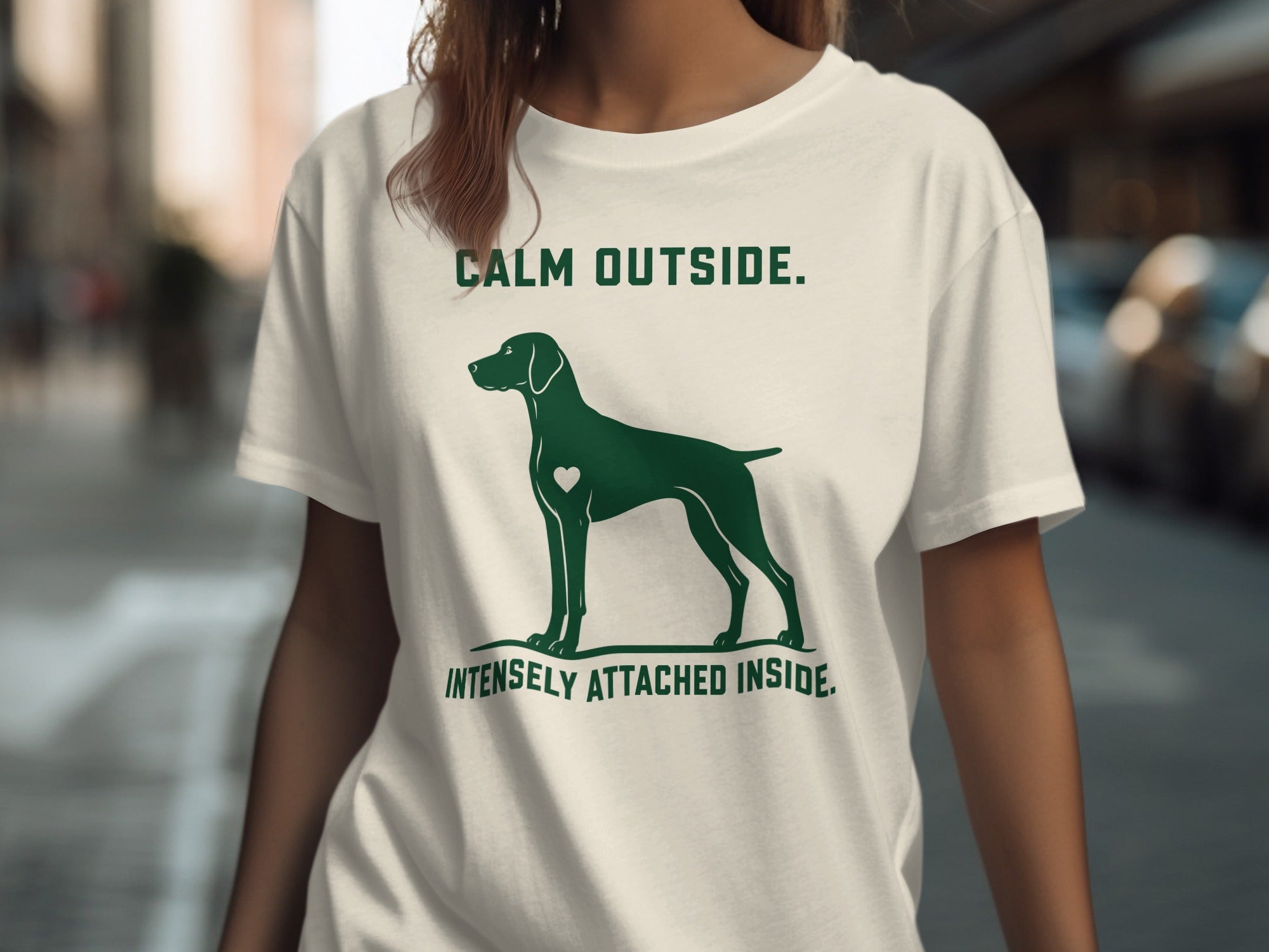 Green t-shirt with dog silhouette and text "CALM OUTSIDE. INTENSELY ATTACHED INSIDE."